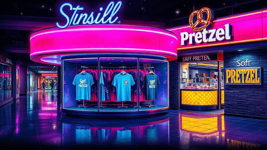 Kiosk 4 at night, glowing, next to the pretzel place